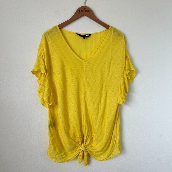 Rachel Roy Top Womens 0X Plus Yellow Silver Metallic Striped Front Tie Blouse - Picture 1 of 7